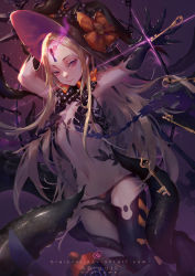 Rule 34 | 1girl, abigail williams (fate), abigail williams (third ascension) (fate), arm up, black bow, black hat, black panties, blonde hair, bow, bow panties, closed mouth, commentary request, fate/grand order, fate (series), glowing, hat, hat bow, key, long hair, looking at viewer, orange bow, outstretched arm, pale skin, panties, parted bangs, purple eyes, raion (soraelf), revealing clothes, smile, solo, tentacles, topless, underwear, very long hair, witch hat