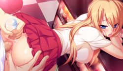 Rule 34 | 1boy, 1girl, akuyome! akuma na yome ni shiborareru, anal, anal object insertion, anus, ass, ass grab, bent over, blonde hair, blue eyes, blush, breasts, censored, double penetration, eir (akuyome), from above, game cg, hetero, large breasts, legs, long hair, looking back, mosaic censoring, multiple penetration, object insertion, panties, panties around leg, penis, pussy, sex, skirt, solo focus, standing, super dry (super dry rr), sweat, thighs, underwear, vaginal