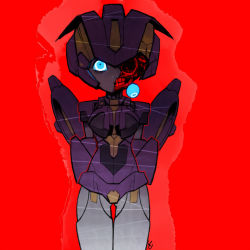 Rule 34 | 1girl, arms behind back, autobot, blue eyes, chibi, damaged, guro, looking at viewer, mecha, nautica (transformers), red background, robot, solo, the transformers (idw), transformers, zoner