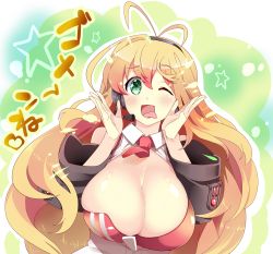 Rule 34 | 1girl, ;d, antenna hair, bare shoulders, blonde hair, blush, breasts, cleavage, detached sleeves, green eyes, hair between eyes, hands up, hatsumi ponpei, heart, huge breasts, long hair, long sleeves, microphone, necktie, one eye closed, open mouth, red necktie, short necktie, smile, solo, star-shaped pupils, star (symbol), symbol-shaped pupils, tongue, tongue out, tsurumaki maki, upper body, very long hair, voiceroid