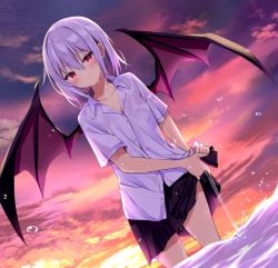 Rule 34 | 1girl, alternate costume, bat wings, black skirt, blue hair, blush, cloud, collarbone, collared shirt, commentary request, highres, hyurasan, looking at viewer, no headwear, orange sky, outdoors, parted lips, pleated skirt, red eyes, remilia scarlet, shirt, short hair, short sleeves, skirt, sky, solo, standing, sunset, touhou, water, water drop, wet, wet clothes, wet hair, white shirt, wings, wringing clothes, wringing skirt