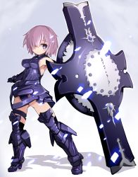 Rule 34 | 1girl, armor, armored dress, black thighhighs, breasts, fate/grand order, fate (series), full body, gloves, gluteal fold, hair over one eye, highres, karukan (monjya), mash kyrielight, medium breasts, purple eyes, purple hair, shield, short hair, sleeveless, smile, solo, thighhighs