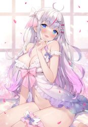 Rule 34 | 1girl, ayamy, blue eyes, blush, breasts, cleavage, hair ribbon, highres, indie virtual youtuber, large breasts, lingerie, long hair, looking at viewer, mole, mole on breast, multicolored hair, navel, open mouth, ribbon, smile, solo, thick thighs, thighs, underwear, virtual youtuber, yasou toiki