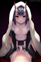 Rule 34 | 1girl, black background, black legwear, blanket, blush, breasts, clothed sex, collarbone, commentary request, cowgirl position, cum, cum in pussy, detached sleeves, eyeliner, fang, fate/grand order, fate (series), forehead jewel, fundoshi, girl on top, gradient background, headpiece, heart, hetero, horns, japanese clothes, looking at viewer, low twintails, makeup, navel, nipples, oni, open mouth, penis, pointy ears, purple eyes, purple hair, revision, sex, short eyebrows, short hair, short twintails, shuten douji (fate), shuten douji (fate/grand order), shuten douji (halloween caster) (fate), simple background, skin-covered horns, small breasts, smile, solo focus, stomach, straddling, thighs, topless, twintails, uncensored, vaginal, watermark, web address, zen33n