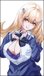 Rule 34 | 1girl, :q, blonde hair, blue bow, blue bowtie, blue jacket, bow, bowtie, bra, breasts, brown eyes, cleavage, closed mouth, collared shirt, goddess of victory: nikke, hair ornament, heart, heart hands, highres, huge breasts, jacket, jewelry, light blush, long hair, looking at viewer, multiple rings, off-shoulder jacket, off shoulder, partially unbuttoned, puffy sleeves, purple bra, ring, shirt, simple background, sleeves past wrists, solo, tia (nikke), tongue, tongue out, type09 sachi, underwear, white background, white shirt