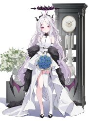 Rule 34 | 1girl, absurdres, alternate costume, black halo, black horns, blue archive, blue flower, blue rose, bouquet, clock, closed mouth, dress, flower, full body, halo, highres, hina (blue archive), holding, holding bouquet, horns, leviathan (hikinito0902), long hair, looking at viewer, rose, single thighhigh, smile, solo, standing, thighhighs, white dress, white hair, white thighhighs