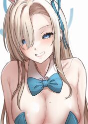 Rule 34 | 1girl, absurdres, asuna (blue archive), asuna (bunny) (blue archive), asymmetrical bangs, blue archive, blue bow, blue bowtie, blue eyes, bow, bowtie, breasts, detached collar, grin, hair over one eye, halo, highres, large breasts, leotard, light brown hair, long bangs, long hair, looking at viewer, mole, mole on breast, official alternate costume, playboy bunny, pointy breasts, simple background, smile, solo, t oaru, upper body, white background