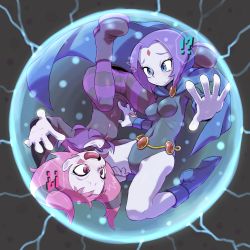 Rule 34 | !?, 2girls, animification, bad id, bad pixiv id, belt, blue eyes, blush, breasts, bubble, buttons, cameltoe, cape, capelet, cartoon network, cloak, colored skin, dc comics, dcau, electricity, embarrassed, facepaint, forehead jewel, grey skin, highres, jinx (dc), leotard, moyoosu, multiple girls, pants, pantyhose, patterned legwear, pink eyes, pink hair, purple hair, raven (dc), short hair, small breasts, spandex, striped clothes, striped legwear, striped pants, striped pantyhose, teen titans, tight clothes, trapped, two-tone stripes, upside-down