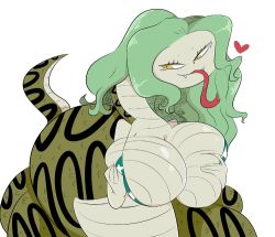 Rule 34 | 1girl, boa sandersonia, breasts, cleavage, fangs, female focus, forked tongue, green hair, heart, jinu (jinusenpai), large breasts, long tongue, no humans, one piece, slit pupils, snake, solo, tongue, tongue out, yellow eyes