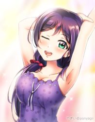Rule 34 | 1girl, :d, aqua eyes, arm behind head, armpits, arms up, blush, collarbone, commentary request, dress, hair ornament, hair over shoulder, hair scrunchie, long hair, love live!, love live! school idol project, one eye closed, open mouth, ponyagii, purple dress, purple hair, red scrunchie, scrunchie, smile, solo, spaghetti strap, tojo nozomi, upper body