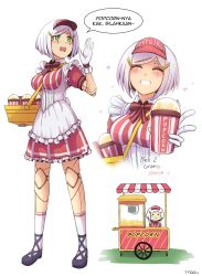 Rule 34 | 1girl, absurdres, black footwear, bob cut, chibi, dress, food, food stand, highres, joints, multiple views, original, popcorn, red dress, red headwear, robot, robot joints, short hair, short sleeves, striped clothes, striped dress, tfqr, translation request, visor cap, white background, white hair, white legwear