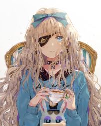 Rule 34 | 1girl, bandages, blonde hair, blue eyes, bug, butterfly, chair, choker, collar, collarbone, cup, dangmill, earrings, eyepatch, fingernails, floral print, hair over shoulder, hair ribbon, insect, jewelry, long hair, looking at viewer, nail polish, necklace, original, revision, ribbon, ring, simple background, sitting, solo, striped, sweater, tea, teacup, very long hair, watch, wavy hair, white background