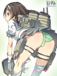 Rule 34 | 10s, 1girl, artist name, ass, bent over, brown eyes, brown hair, from behind, gloves, green panties, hairband, highres, kantai collection, looking back, mecha musume, open mouth, panties, pantyshot, pleated skirt, school uniform, serafuku, sketch, skirt, solo, super zombie, tanikaze (kancolle), thigh strap, underwear, upskirt, white gloves