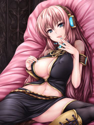 Rule 34 | 1girl, :p, bare shoulders, blue eyes, blue nails, boots, breasts, cleavage, clothes pull, covered erect nipples, headphones, highres, knee boots, large breasts, long hair, megurine luka, midriff, nail polish, nipples, pink hair, shirt pull, solo, thighhighs, tongue, tongue out, uni8, vocaloid