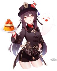 Rule 34 | 1girl, :p, absurdres, bad id, bad pixiv id, bead bracelet, beads, black headwear, black nails, black shorts, bracelet, brown hair, cake, closed eyes, cropped legs, fang, food, fruit, genshin impact, ghost, highres, hu tao (genshin impact), jewelry, looking at viewer, nail polish, open mouth, pudding, ranshangchen, red eyes, shorts, simple background, strawberry, symbol-shaped pupils, tailcoat, tongue, tongue out, twintails, white background
