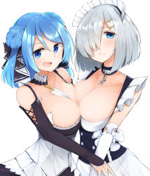 Rule 34 | 2girls, alternate costume, apron, azur lane, bare shoulders, belfast (azur lane), belfast (azur lane) (cosplay), blue eyes, blue hair, blush, breasts, cleavage, closed mouth, cosplay, double bun, formidable (azur lane), formidable (azur lane) (cosplay), frills, hair bun, hair ornament, hair over one eye, hairclip, hamakaze (kancolle), highres, kantai collection, large breasts, looking at viewer, maid, maid apron, maid headdress, multiple girls, open mouth, sakikumo (sakumo), short hair, silver hair, simple background, skirt, smile, urakaze (kancolle), white background