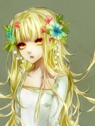 Rule 34 | 1girl, artist request, blonde hair, character request, dress, flower, leaves, open mouth, pearl, rose, simple background, solo, tagme, white dress, yellow eyes