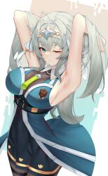 Rule 34 | 1girl, absurdres, aoria, armpits, arms behind head, arms up, bare arms, bare shoulders, belt, black dress, blue eyes, breasts, brown pantyhose, circlet, commission, cowboy shot, dress, epic seven, green jacket, grey hair, highres, jacket, large breasts, long hair, looking at viewer, one eye closed, open clothes, open jacket, pantyhose, parted lips, politis (epic seven), second-party source, sleeveless, sleeveless dress, sleeveless jacket, solo, wing collar