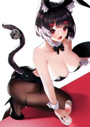 Rule 34 | 1girl, absurdres, alcohol, animal ears, ass, azur lane, bell, black hair, black leotard, breasts, cat tail, cleavage, detached collar, fake animal ears, from above, full body, highleg, highleg leotard, highres, holding, holding tray, large breasts, leotard, looking at viewer, open mouth, pantyhose, playboy bunny, rabbit ears, red eyes, serving, short hair, simple background, solo, strapless, strapless leotard, tail, tail bell, tail ornament, thighband pantyhose, tray, white background, wrist cuffs, yamaha tsui, yamashiro (azur lane)