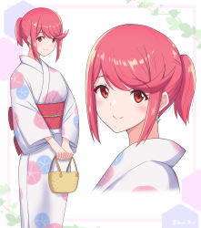 Rule 34 | 1girl, absurdres, alternate costume, alternate hairstyle, bag, breasts, commentary, earrings, floral print, hair ornament, highres, holding, holding bag, japanese clothes, jewelry, kimono, looking at viewer, multiple views, obi, ponytail, pyra (xenoblade), red eyes, red hair, ryochan96154, sash, short hair, sidelocks, smile, solo, swept bangs, xenoblade chronicles (series), xenoblade chronicles 2, yukata