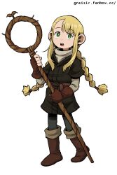 Rule 34 | 1girl, absurdres, ambrosia (dungeon meshi), belt, belt pouch, black jacket, blonde hair, blue pants, boots, braid, brown belt, brown footwear, brown gloves, dungeon meshi, fanbox username, fingerless gloves, full body, gloves, gnsisir, green eyes, highres, holding, holding staff, jacket, long hair, long sleeves, marcille donato, marcille donato (half-foot), open mouth, pants, pouch, shirt, sidelocks, simple background, solo, staff, teeth, twin braids, upper teeth only, white background, white shirt
