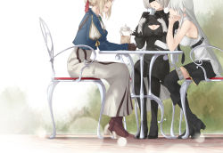 Rule 34 | 10s, 2b (nier:automata), 3girls, azur lane, bare shoulders, black footwear, black pantyhose, black skirt, black thighhighs, blonde hair, blue jacket, boots, braid, breasts, brown footwear, chair, cleavage cutout, clothing cutout, cross-laced footwear, cup, enterprise (azur lane), faceless, gloves, hair ribbon, head on hand, head out of frame, highres, holding, holding cup, ishikawa yui, jacket, lace-up boots, large breasts, long hair, long skirt, miniskirt, multiple girls, necktie, nier:automata, nier (series), outdoors, pantyhose, pleated skirt, puffy sleeves, ribbon, saruno (eyesonly712), shirt, sideboob, silver hair, sitting, skirt, sleeveless, sleeveless shirt, table, tea, teacup, teapot, thighhighs, underbust, violet evergarden, violet evergarden (series), voice actor connection, white skirt