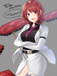 Rule 34 | 1girl, :d, arm under breasts, belt, black skirt, breasts, contrapposto, cowboy shot, crossed arms, drumsticks, grey background, holding, holding drumsticks, horikawa raiko, jacket, large breasts, light blush, long sleeves, looking at viewer, medium hair, mitama mudimudi, necktie, open clothes, open jacket, open mouth, pink necktie, red eyes, red hair, simple background, skirt, smile, solo, swept bangs, touhou, white jacket, white skirt