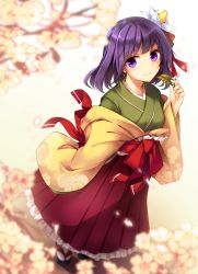Rule 34 | 1girl, black footwear, bow, branch, breasts, commentary request, floral print, flower, full body, gradient background, green kimono, hair bow, hair flower, hair ornament, hakama, hakama short skirt, hakama skirt, hand up, hieda no akyuu, highres, holding, holding leaf, japanese clothes, kimono, leaf, long sleeves, looking at viewer, midori (misuriru8), off shoulder, petticoat, purple eyes, purple hair, red bow, red sash, red skirt, sandals, sash, shadow, short hair, skirt, small breasts, smile, socks, solo, standing, touhou, white flower, white socks, wide sleeves, yellow background, yellow kimono