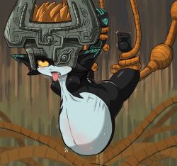 Rule 34 | 00s, 1girl, ahegao, ass, barefoot, blush, breasts, collarbone, fang, feet, heavy breathing, helmet, highres, inflation, midna, motion lines, navel, nintendo, nude, one eye covered, open mouth, pointy ears, restrained, saliva, small breasts, stomach bulge, takamame, tears, teeth, tentacles, the legend of zelda, the legend of zelda: twilight princess, tongue, tongue out