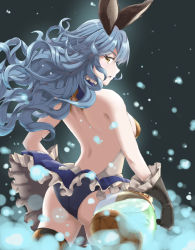 Rule 34 | 1girl, animal ears, artist request, ass, backless outfit, bare shoulders, blue hair, breasts, ferry (granblue fantasy), from behind, gloves, granblue fantasy, highres, leotard, long hair, looking at viewer, looking back, medium breasts, open mouth, sideboob, skirt, snow, solo, thighhighs, very long hair, yellow eyes