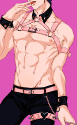 Rule 34 | 1boy, black hair, bondage outfit, chest harness, detached collar, harness, head out of frame, jojo no kimyou na bouken, kuujou joutarou, leg belt, less end, licking, licking finger, male focus, muscular, muscular male, nipples, solo, stardust crusaders, topless male, underpec, wrist cuffs