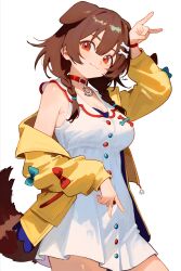 Rule 34 | :3, absurdres, animal collar, animal ears, braid, breasts, brown hair, cleavage, collar, cropped legs, dog ears, dog girl, dog tail, double-parted bangs, dress, finger puppet, furoki, highres, hololive, inugami korone, inugami korone (1st costume), jacket, long hair, looking at viewer, low twin braids, medium breasts, orange eyes, puppet, tail, twin braids, virtual youtuber, white background, white dress, yellow jacket, yellow nails