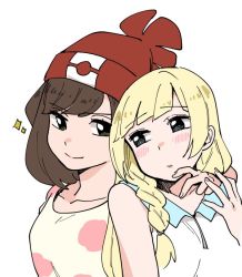 Rule 34 | 2girls, arm around neck, beanie, blonde hair, blush, braid, brown hair, collarbone, commentary request, creatures (company), game freak, green eyes, hat, lillie (pokemon), long hair, looking at another, multiple girls, nintendo, no headwear, open mouth, pokemon, pokemon sm, red hat, selene (pokemon), shirt, short hair, side braid, single braid, sleeveless, sleeveless shirt, smile, sparkle, tamifull, upper body, white background, yuri