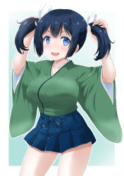 Rule 34 | 10s, 1girl, blue eyes, blue hair, blush, breasts, hair ribbon, holding, holding hair, japanese clothes, kantai collection, large breasts, looking at viewer, matching hair/eyes, mukaibi aoi, open mouth, ribbon, smile, solo, souryuu (kancolle), standing, twintails