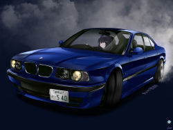 Rule 34 | 1girl, bags under eyes, black hair, blue archive, blue background, bmw, bmw m5, car, closed mouth, driving, expressionless, hairband, halo, highres, motor vehicle, nougat (73r1r1), purple eyes, purple hairband, signature, simple background, smoke, striped clothes, striped hairband, ui (blue archive), vehicle focus