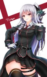 Rule 34 | 1girl, amagiri tsukuyo, belt, belt buckle, black belt, black coat, black ribbon, black skirt, black thighhighs, braid, breasts, brown necktie, brown ribbon, buckle, buttons, character name, coat, collared shirt, commentary request, contrapposto, denpa (denpae29), double-breasted, gloves, grey hair, grey shirt, hair between eyes, hair ribbon, hand in own hair, hand on own hip, hand up, highres, long hair, long sleeves, looking at viewer, medium breasts, necktie, original, parted lips, pink eyes, pleated skirt, ribbon, shadow, shirt, side braid, side ponytail, simple background, skindentation, skirt, smile, solo, standing, thick thighs, thigh strap, thighhighs, thighs, white background, white gloves