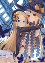 Rule 34 | 2girls, :o, abigail williams (fate), abigail williams (second ascension) (fate), aroma0501, black bow, black dress, black hat, black panties, blonde hair, bloomers, blue eyes, blush, bow, bug, butterfly, closed mouth, commentary request, dress, dual persona, dutch angle, fate/grand order, fate (series), forehead, hair bow, hat, hat bow, highres, holding hands, indoors, insect, key, keyhole, long hair, long sleeves, looking at viewer, looking back, multiple girls, navel, orange bow, panties, parted bangs, parted lips, polka dot, polka dot bow, red eyes, revealing clothes, sleeves past fingers, sleeves past wrists, smile, underwear, very long hair, white bloomers, witch hat
