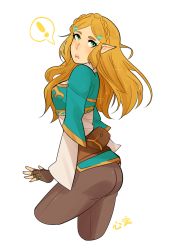 Rule 34 | !, 1girl, ass, blonde hair, blush, breasts, fingerless gloves, gloves, green eyes, long hair, looking back, nintendo, open mouth, pants, pointy ears, princess zelda, shiny clothes, sideboob, solo, the legend of zelda, the legend of zelda: breath of the wild, transparent background