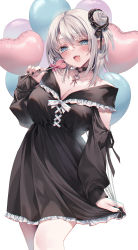 Rule 34 | 1girl, balloon, bare shoulders, black dress, blue eyes, blush, breasts, candy, cleavage, dress, food, hair between eyes, hair ornament, highres, hime gyo, holding, holding balloon, holding candy, holding food, holding lollipop, large breasts, lollipop, looking at viewer, original, pointy ears, simple background, smile, solo, white background