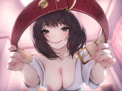 Rule 34 | 1girl, areola slip, blush, breasts, brown hair, ceiling, cleavage, collar, collarbone, commentary, covered erect nipples, curtains, green eyes, holding, holding collar, large breasts, looking at viewer, low neckline, medium hair, object focus, original, paw print, pokachu, shirt, smile, solo, swept bangs, white shirt