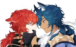 Rule 34 | 2boys, animal ear fluff, animal ears, annoyed, black gloves, blue eyes, blue hair, cat ears, closed mouth, commentary request, dark-skinned male, dark skin, diluc (genshin impact), dl mask, eye contact, face-to-face, fang, feather boa, finger in another&#039;s mouth, from side, genshin impact, gloves, half-closed eyes, kaeya (genshin impact), kemonomimi mode, korean commentary, light smile, long hair, looking at another, male focus, multiple boys, open mouth, partially fingerless gloves, ponytail, portrait, profile, red eyes, red hair, simple background, skin fang, spikes, white background, wolf ears