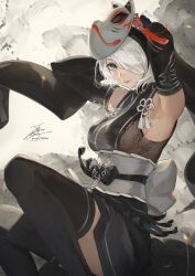 Rule 34 | 1girl, 2b (nier:automata), armpits, blue eyes, breasts, dress, elbow gloves, fadingz, fox mask, gloves, hairband, highres, japanese clothes, kimono, long hair, looking at viewer, mask, medium breasts, mole, mole under mouth, nier:automata, nier (series), nier reincarnation, official alternate costume, revision, short hair, short kimono, signature, solo, thighhighs, white hair