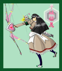 Rule 34 | 00s, 1girl, 1other, afterimage, angel gozen (character), angel gozen (weapon), armband, black hair, black legwear, border, bow, bow (weapon), busou renkin, creature, full body, green background, green border, hayasaka ouka, long hair, school uniform, shoes, standing, standing on one leg, tagme, translation request, uwabaki, weapon, white bow, white footwear