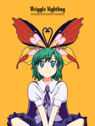 Rule 34 | 1girl, antennae, azuma shoujuan, bug, butterfly, cape, female focus, green eyes, green hair, insect, matching hair/eyes, short hair, simple background, sitting, smile, solo, touhou, wriggle nightbug