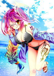 Rule 34 | + +, 1girl, ;q, absurdres, adjusting eyewear, alternate costume, alternate hairstyle, arm tattoo, bare legs, bespectacled, bikini, black bikini, blue jacket, blue sky, blush, braid, breasts, cleavage, cloud, collarbone, commentary request, spiked halo, cowboy shot, day, drawstring, glasses, glowing, glowing eye, gradient hair, groin, hair between eyes, halo, hand up, high heels, highres, hood, hood down, hooded jacket, huge filesize, jacket, jibril (no game no life), large breasts, leaning forward, leg tattoo, long hair, long sleeves, looking at viewer, low-tied long hair, magic circle, midriff, mii aki, multicolored eyes, multicolored hair, navel, no game no life, no wings, ocean, off-shoulder jacket, off shoulder, one eye closed, outdoors, pink hair, red-framed eyewear, sideboob, sidelocks, single braid, sky, smile, solo, swimsuit, symbol-shaped pupils, tattoo, tongue, tongue out, wing ears, yellow eyes