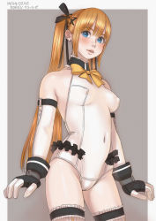 Rule 34 | 1girl, bare shoulders, black ribbon, blonde hair, blue eyes, blush, bow, breasts, cameltoe, character name, copyright name, covered navel, dead or alive, dead or alive 5, detached sleeves, fingerless gloves, frilled thighhighs, frills, gloves, hair ornament, hair ribbon, leotard, long hair, looking at viewer, marie rose, parted lips, ribbon, small breasts, solo, standing, thighhighs, twintails, very long hair, white thighhighs, x hair ornament, zenkou