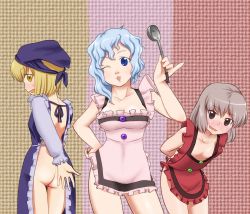 Rule 34 | 3girls, apron, ass, bad id, blonde hair, blue eyes, blue hair, blush, brown eyes, brown hair, covering ass, covering privates, d.koutya, female focus, highres, kappougi, ladle, leaning forward, lunasa prismriver, lyrica prismriver, merlin prismriver, multiple girls, naked apron, one eye closed, pussy, short hair, siblings, sisters, touhou, uncensored, wink, yellow eyes