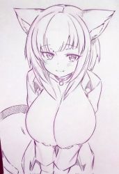 Rule 34 | 1girl, alternate breast size, animal ear fluff, animal ears, blush, breasts, cat ears, cat girl, cat tail, choker, closed mouth, commentary request, corrupted twitter file, highres, hololive, huge breasts, looking at viewer, monochrome, nekomata okayu, nekomata okayu (oversized shirt), nipples, shirt, short hair, smile, solo, tail, traditional media, tsukareta san, virtual youtuber