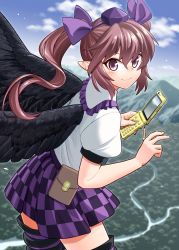 Rule 34 | 1girl, black wings, blouse, brown hair, cellphone, checkered clothes, checkered skirt, cloud, commentary request, day, flip phone, fuuzasa, hair ribbon, hat, highres, himekaidou hatate, holding, holding phone, looking at viewer, mountain, phone, pointy ears, pouch, puffy short sleeves, puffy sleeves, purple eyes, purple hat, purple skirt, ribbon, river, shirt, short sleeves, skirt, sky, smile, solo, thighhighs, tokin hat, touhou, twintails, v, white shirt, wings, zettai ryouiki