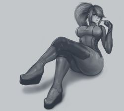 Rule 34 | 1girl, bodysuit, breasts, crossed legs, eyelashes, full body, grey background, greyscale, hand up, imp (impractical), impossible bodysuit, impossible clothes, impracticalart, large breasts, long hair, looking away, metroid, metroid: other m, monochrome, nintendo, nose, nostrils, parted lips, platform footwear, pointing, pointing at self, ponytail, samus aran, shadow, sidelocks, sitting, skin tight, solo, swept bangs, taut bodysuit, taut clothes, thick thighs, thighs, turtleneck, zero suit